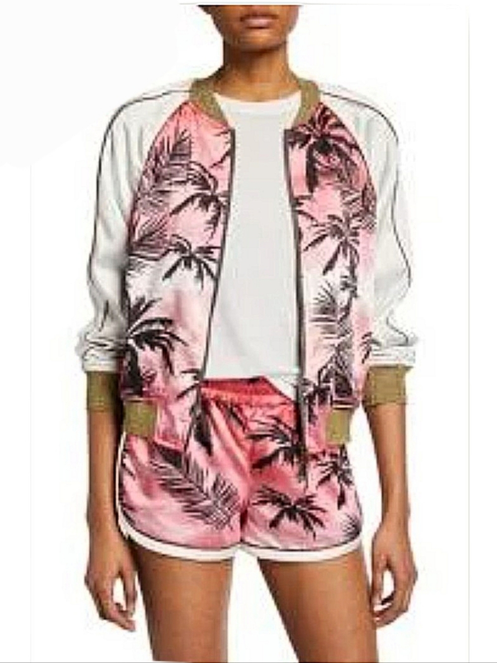Pam & Gela Pink Black Palm Print Satin Bomber Jacket ASO Women's Small - Picture 9 of 11